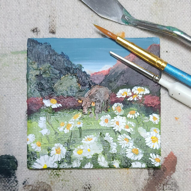 Peaceful MOOdow, Acrylic on Canvas board, 2023